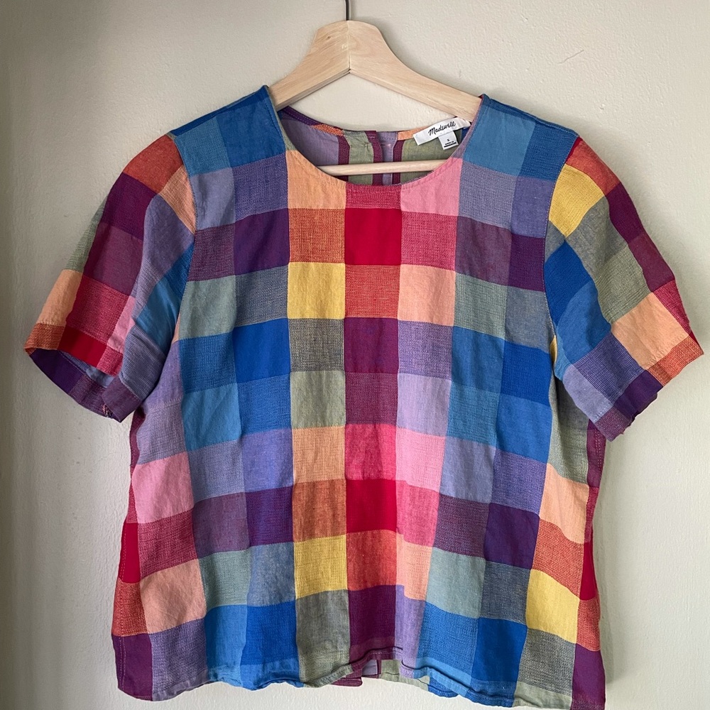 Madewell colorful checkered button-back blouse szS
